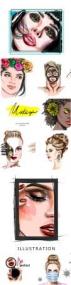 Fashion girl face with bright makeup illustration