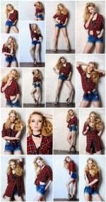 Sexual blonde girl in jeans shorts and checkered shirt alluring by a brick wall - Beauty fashion, 18xUHQ JPEG