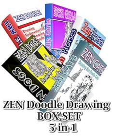 Zen Doodle Drawing BOX SET, 5 in 1 - Zen Cats, Zen Dogs, Zen Horses, Zen Underwater Life,Zen Girls